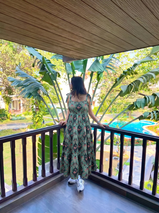 Sage Flamingo Tie-Shoulder Maxi Dress
