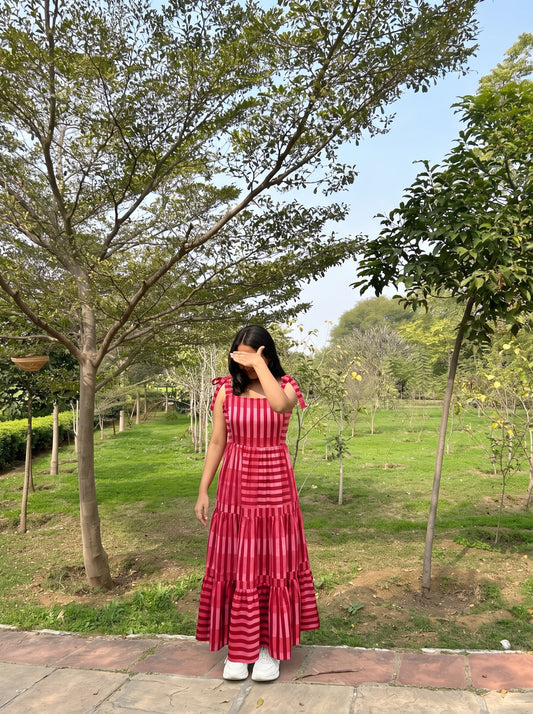 Rose Stripe Tie-Shoulder Maxi Dress