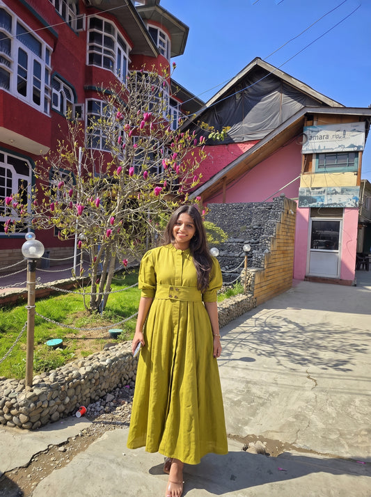 Olive Green Belted Puff Sleeve Maxi Dress