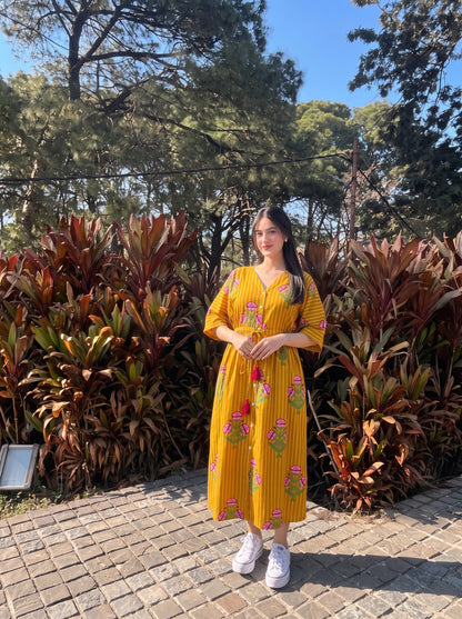 Mustard Floral Printed Kaftan Dress