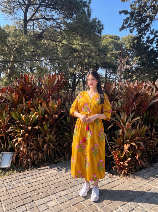 Mustard Floral Printed Kaftan Dress
