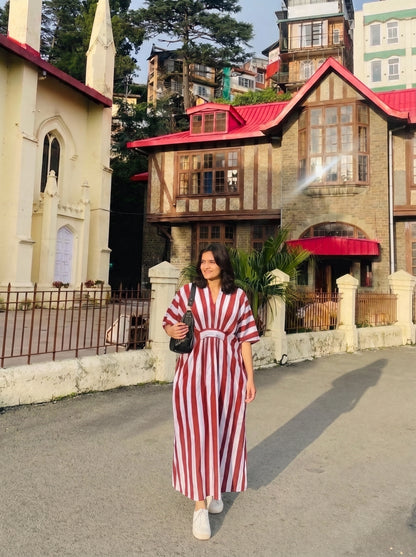 Red & White Striped Kaftan Dress