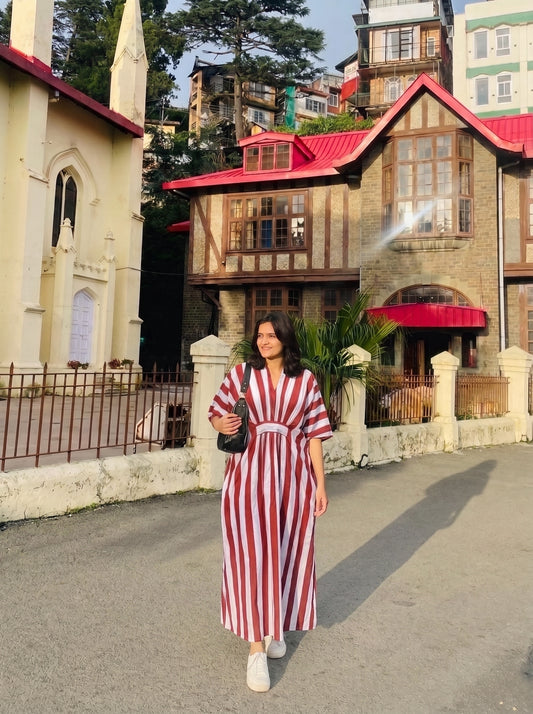 Red & White Striped Kaftan Dress