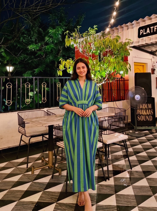 Green & Blue Striped Kaftan Dress