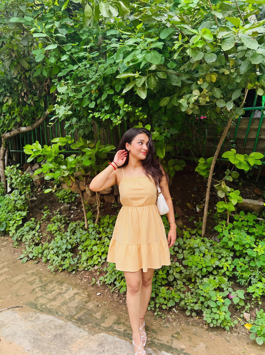 Yellow Striped Spaghetti Strap Mini Dress