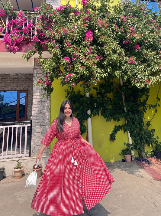 Red Checkered Kaftan Dress