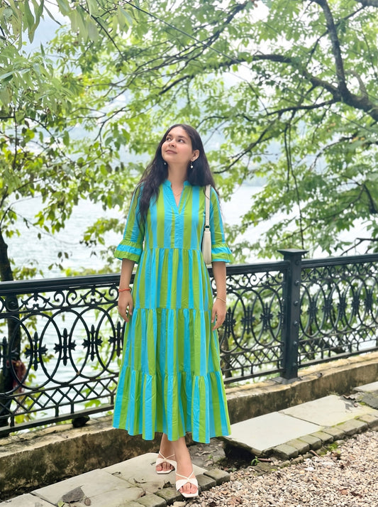 Blue & Green Striped Maxi Dress