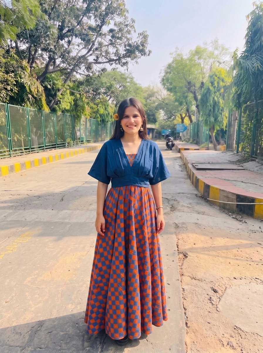 Rust & Blue Checkered Skirt Top Set