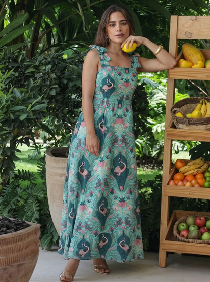Tropical Teal Printed Maxi Dress