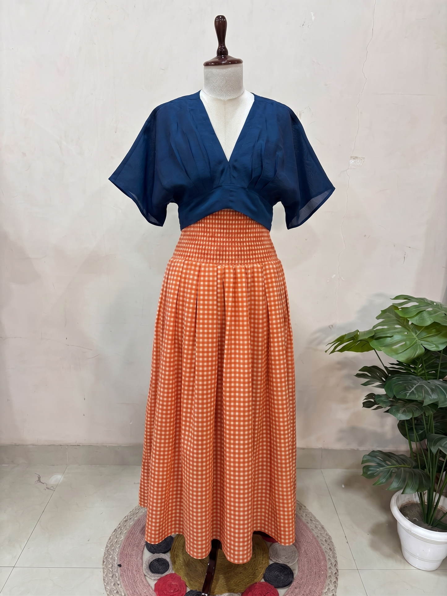 Orange Checkered Skirt Top Set