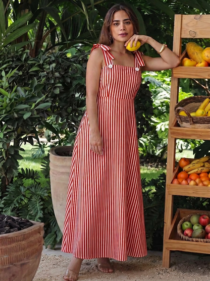 Red & White Vertical Striped Maxi Dress