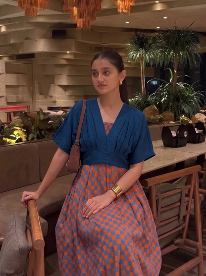 Rust & Blue Checkered Skirt Top Set