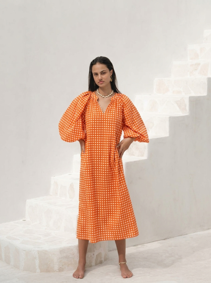 Vibrant Orange Gingham Checked Midi Dress