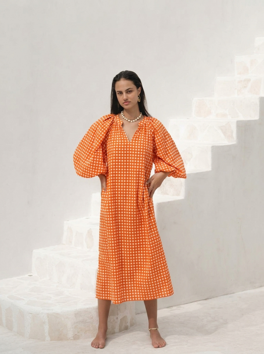Vibrant Orange Gingham Checked Midi Dress