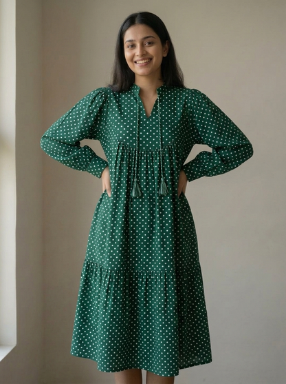 Emerald Green Polka Dot Tiered Midi Dress