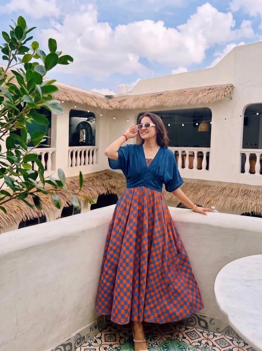 Rust & Blue Checkered Skirt Top Set