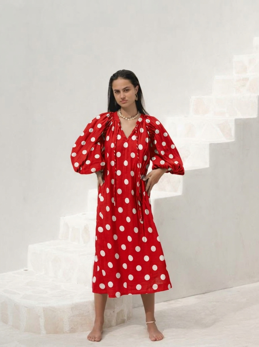 Vibrant Red Polka Dot Puff Sleeve Midi Dress
