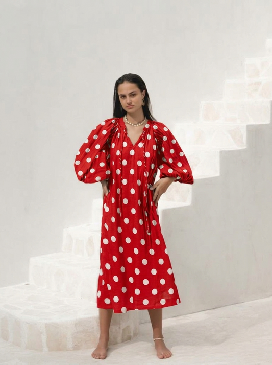Vibrant Red Polka Dot Puff Sleeve Midi Dress