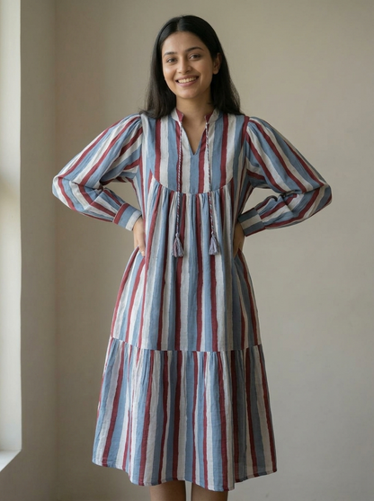 Multicolor Vertical Striped Tiered Midi Dress