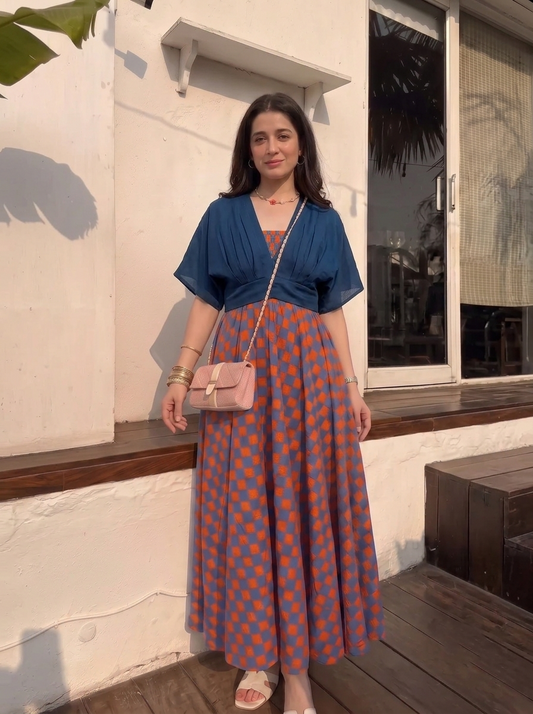 Rust & Blue Checkered Skirt Top Set