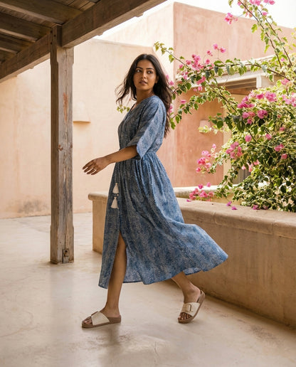 Blue Chevron Print Button-Down Dress
