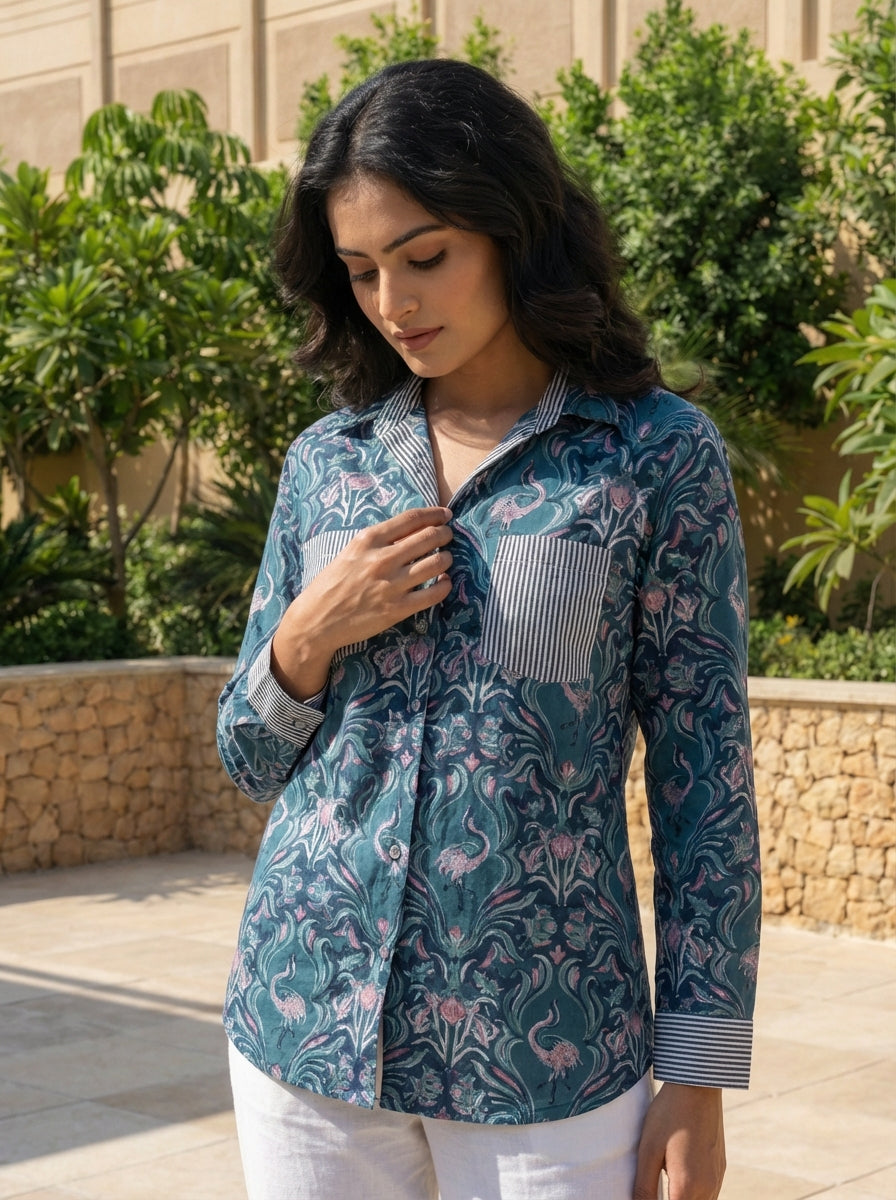 Teal Bird & Floral Print Co-ord Set