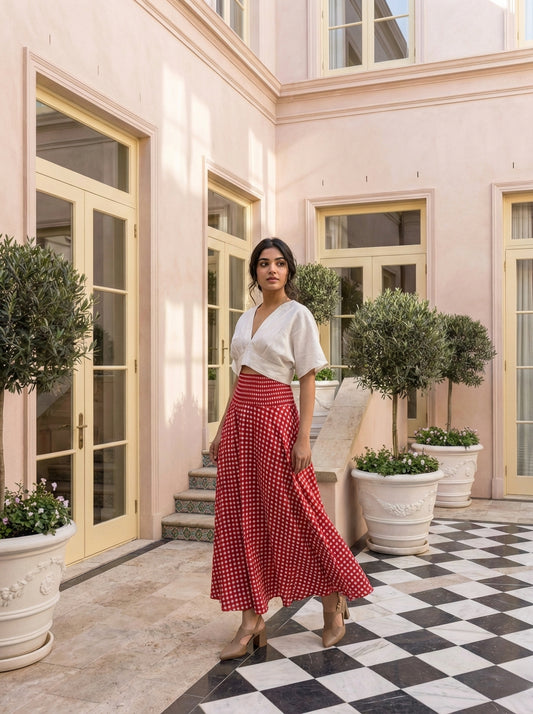 Rosso Gingham Flare Skirt with Ivory Top Set