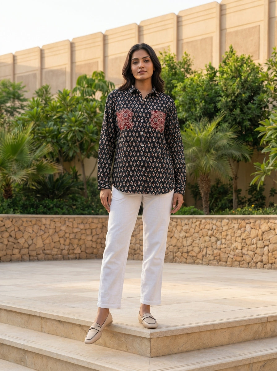 Black Printed Button-Down Co-ord Set