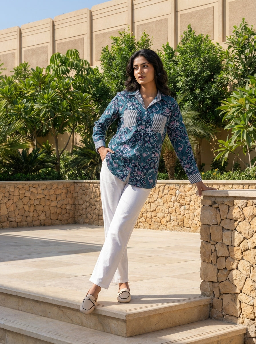 Teal Bird & Floral Print Co-ord Set