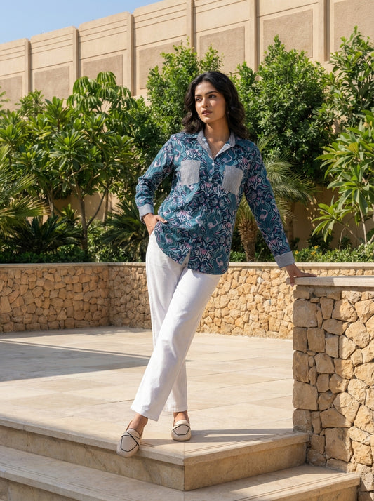 Teal Bird & Floral Print Co-ord Set