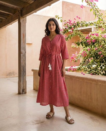 Red Checkered Button-Down Dress