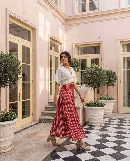 Rosso Gingham Flare Skirt with Ivory Top Set