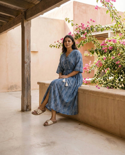 Blue Chevron Print Button-Down Dress