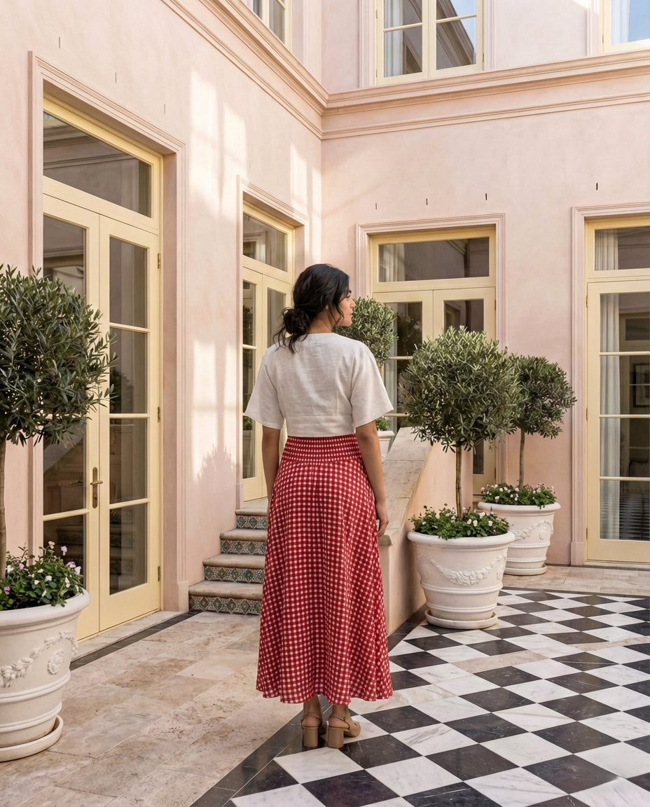 Rosso Gingham Flare Skirt with Ivory Top Set