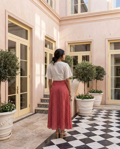 Rosso Gingham Flare Skirt with Ivory Top Set