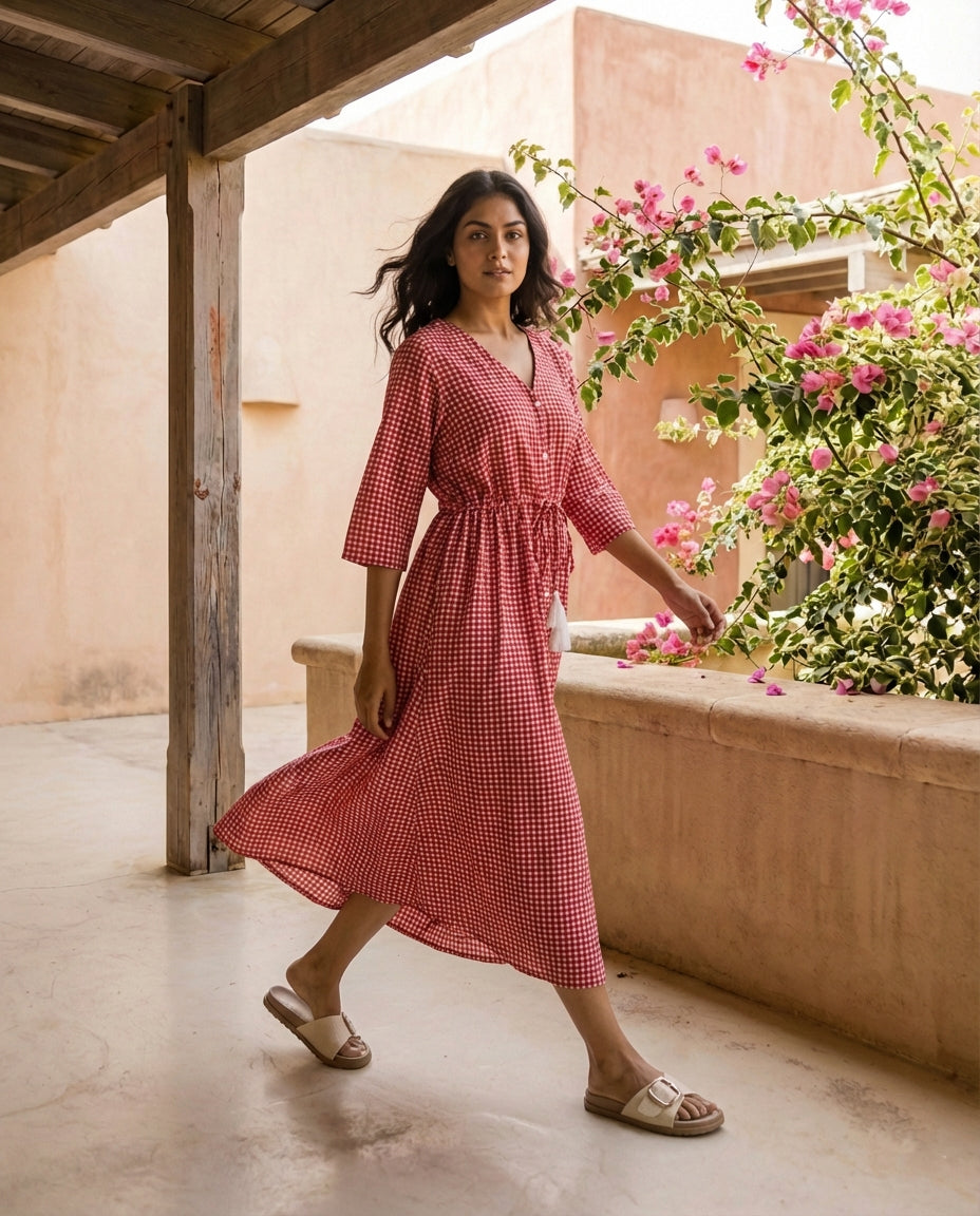 Red Checkered Button-Down Dress