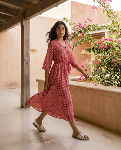 Red Checkered Button-Down Dress