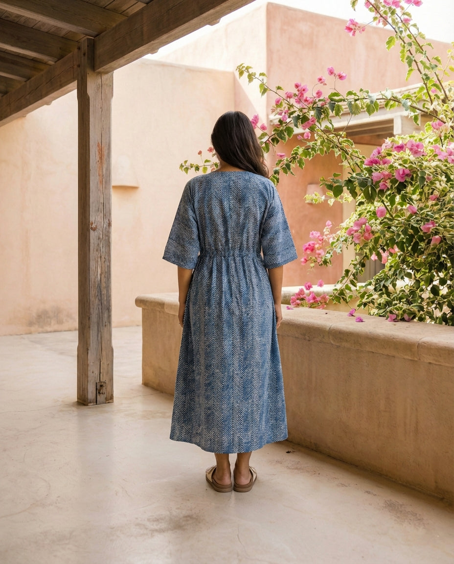 Blue Chevron Print Button-Down Dress