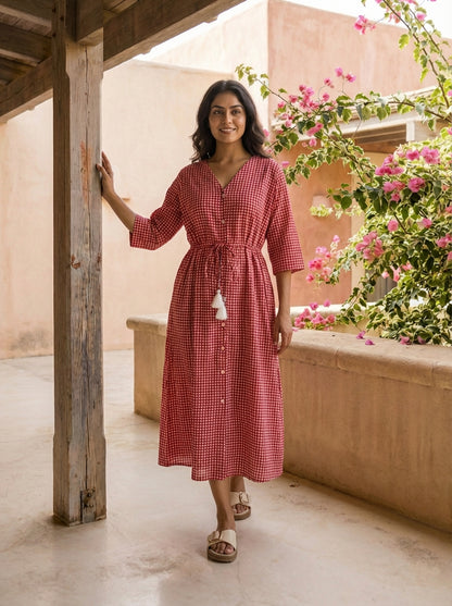 Red Checkered Button-Down Dress