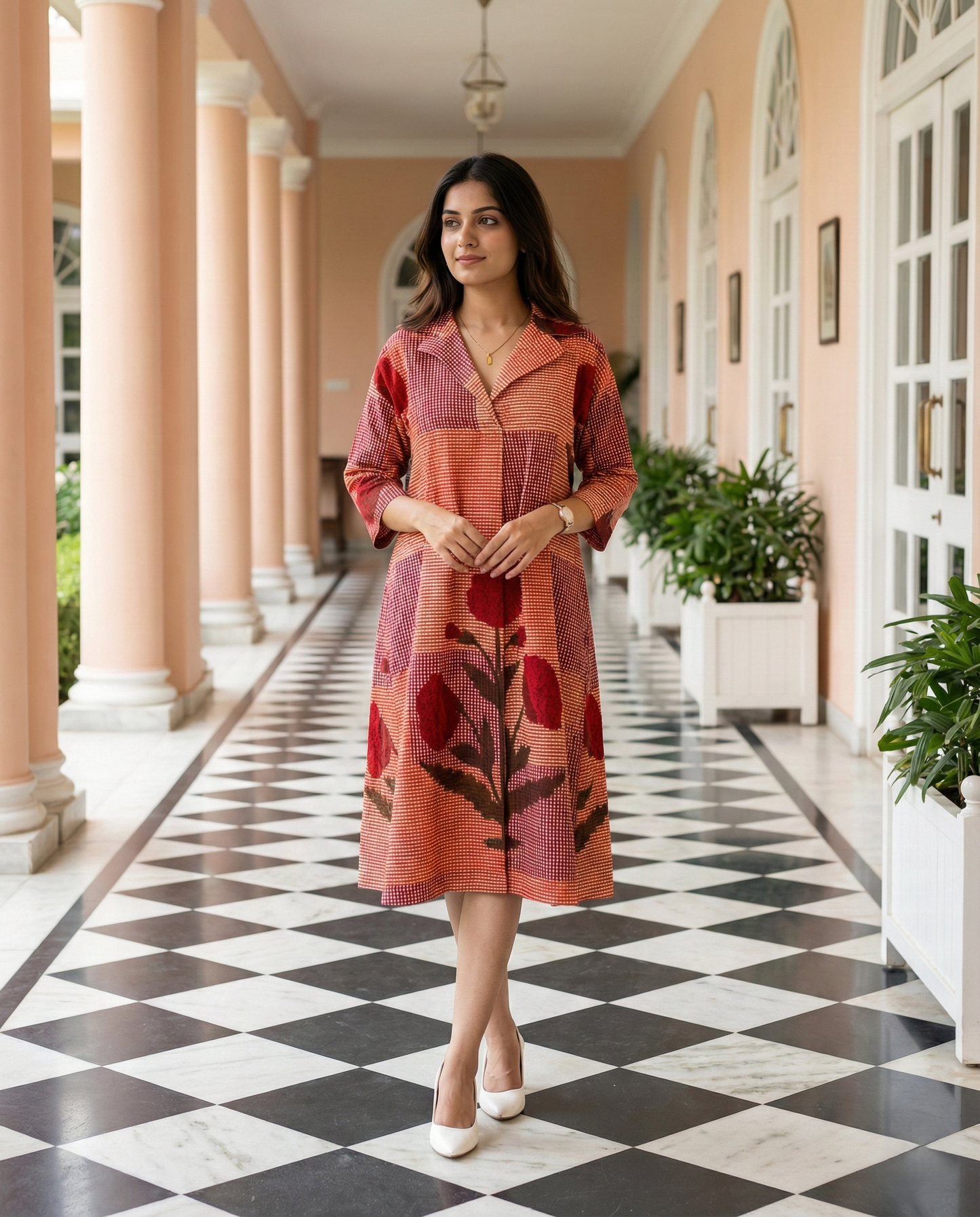 Rust Floral Printed Midi Dress