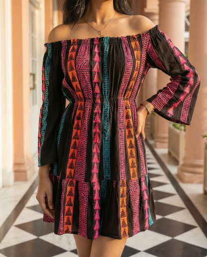 Black Off-Shoulder Printed Mini Dress