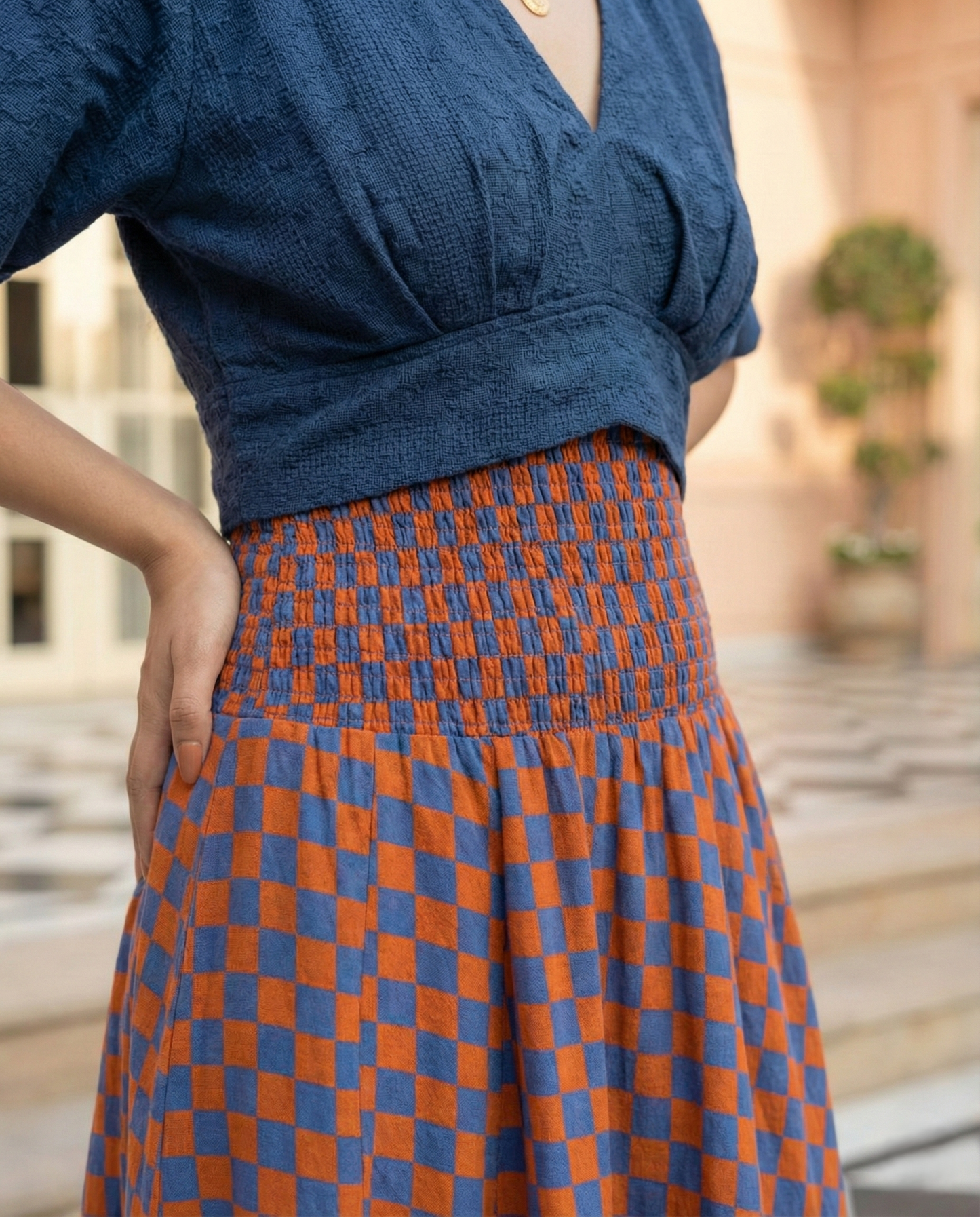 Rust & Blue Checkered Skirt Top Set