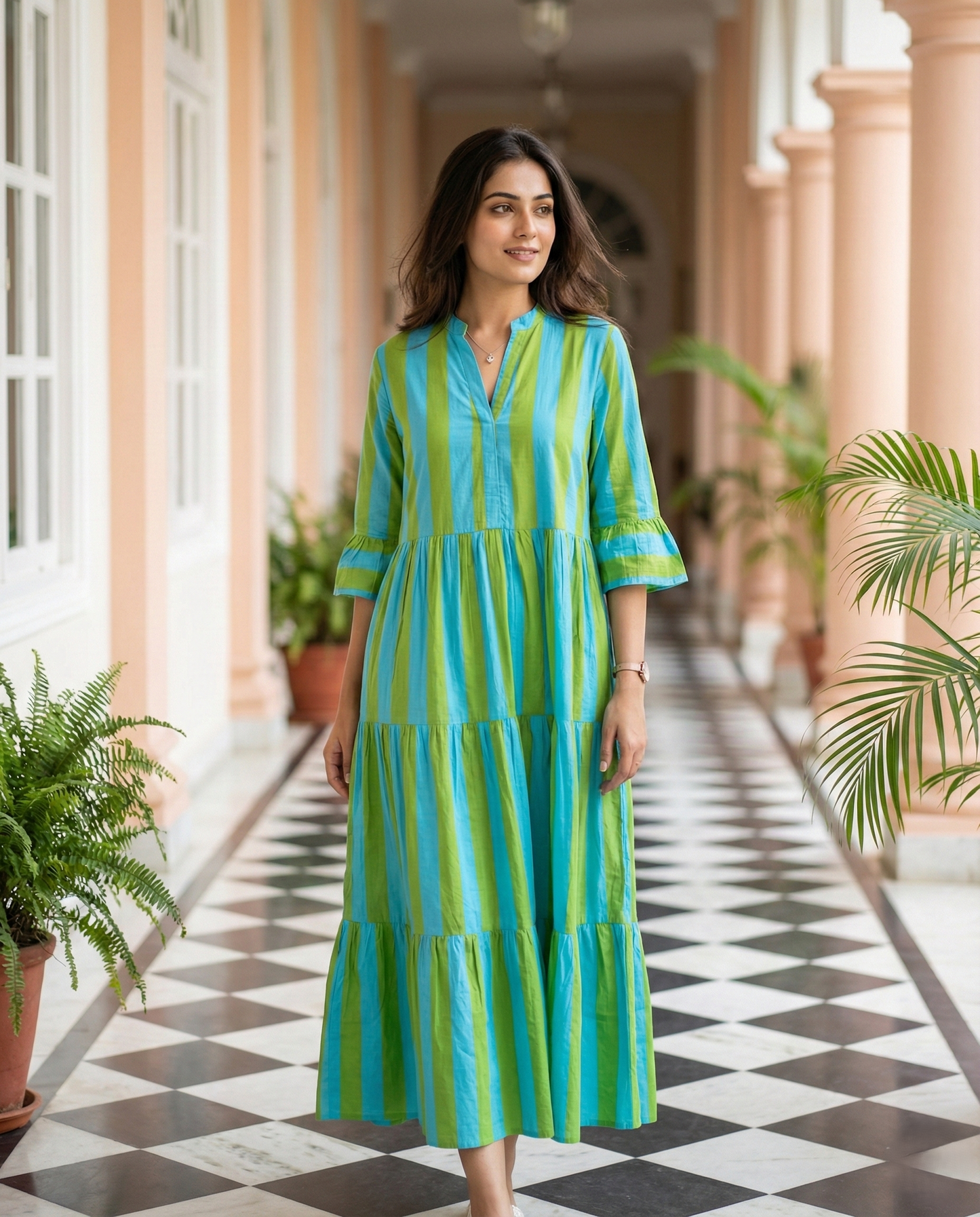 Blue & Green Striped Maxi Dress