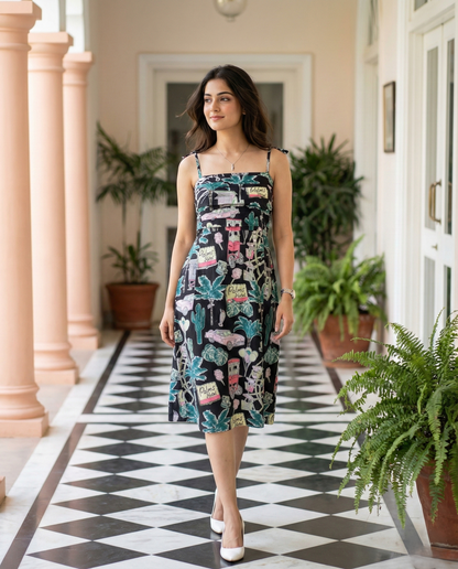 Black Botanical Flared Midi Dress