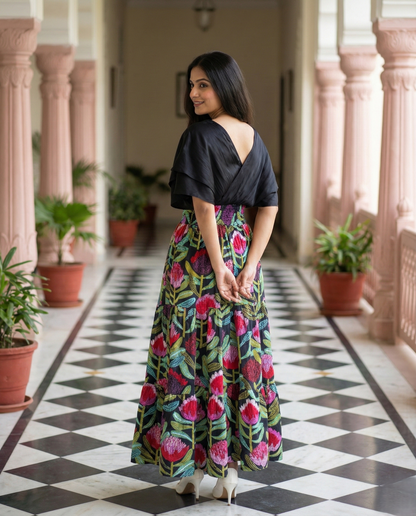 Black V-Neck Floral Midi Dress