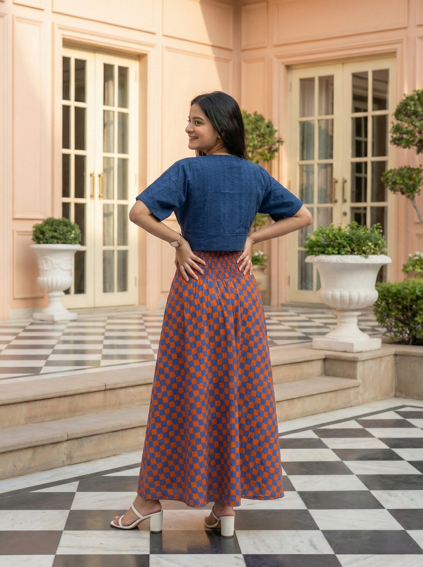 Rust & Blue Checkered Skirt Top Set