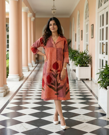 Rust Floral Printed Midi Dress