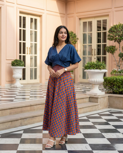 Rust & Blue Checkered Skirt Top Set