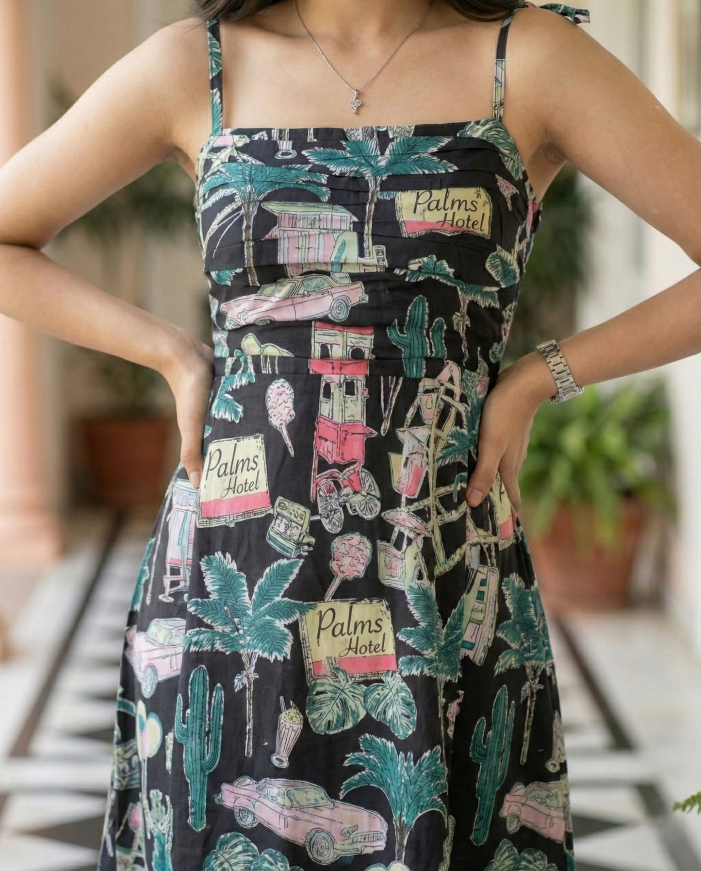 Black Botanical Flared Midi Dress