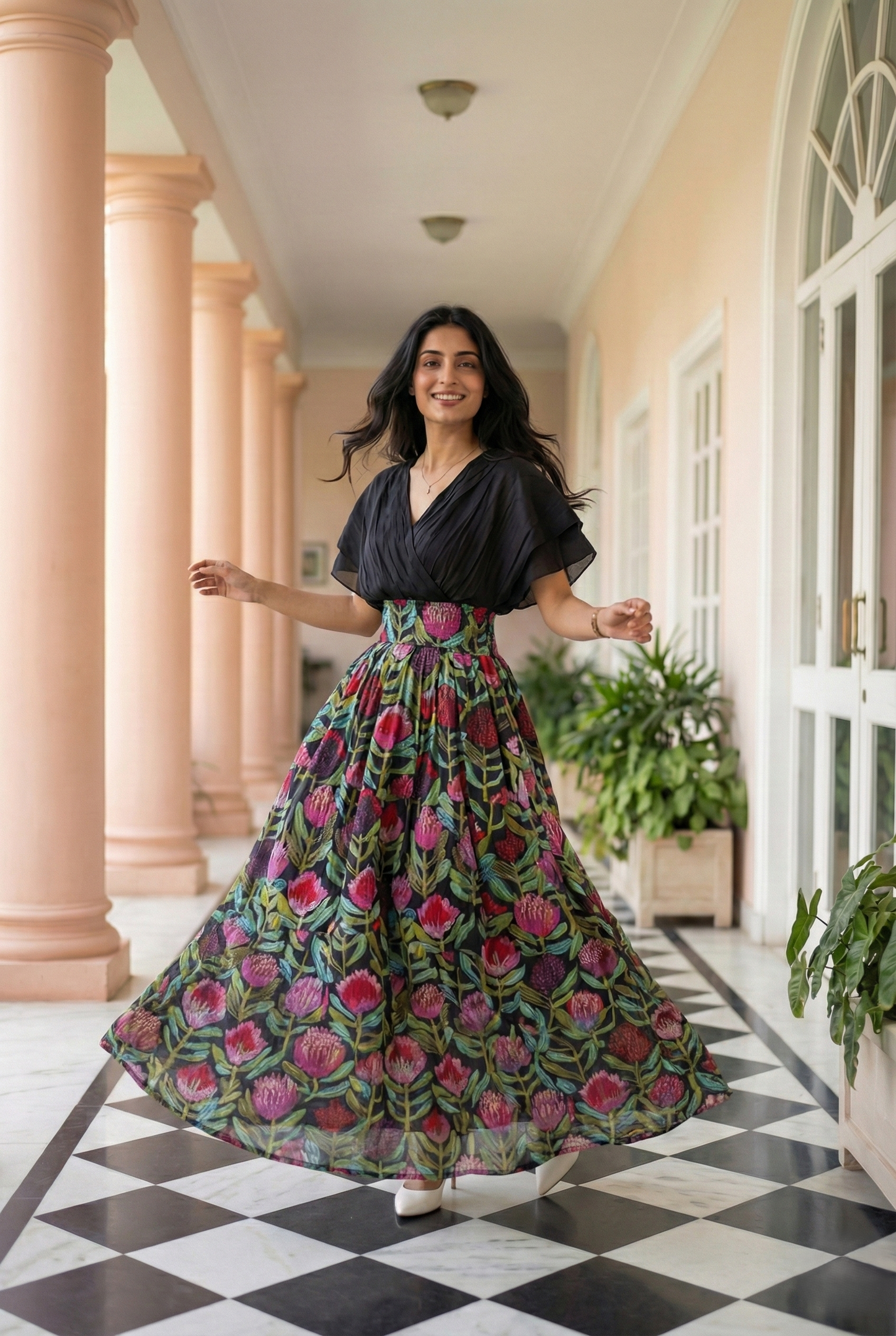 Black V-Neck Floral Midi Dress
